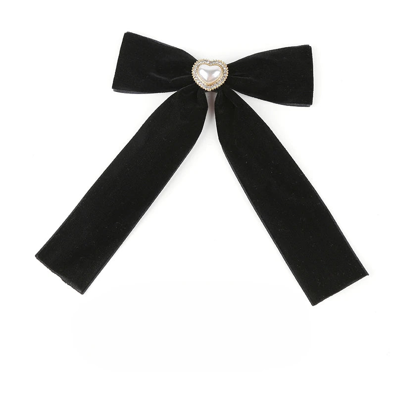 Women's Retro Black Velvet Bow Brooches Pearl Crystal Badge College Style Shirt Collar Pins Accessories