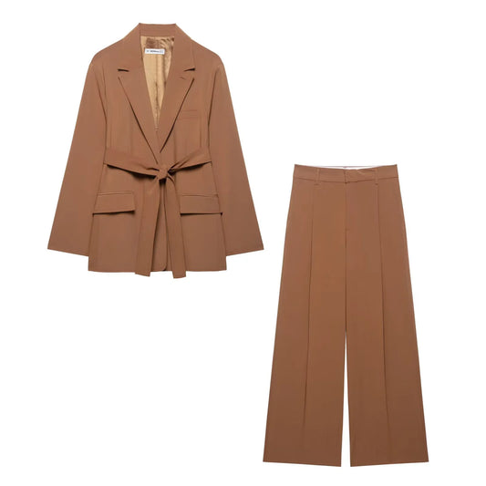 Women's Belt Suit Jacket High Waisted Pants Set