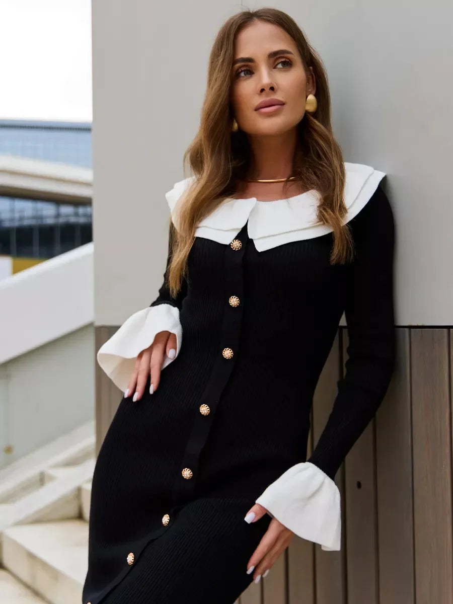 Women's Knitted Long Splice Contrast Colour Bodycon Sweater Elegant Flare Sleeve Dress
