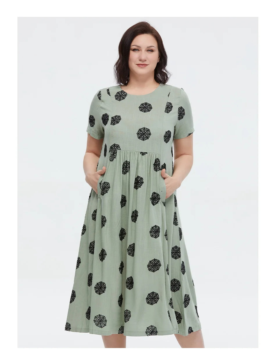 Women's Summer Elegant Cotton Oversize Office Polka Dot Embroidery Design Pocket Long Dress