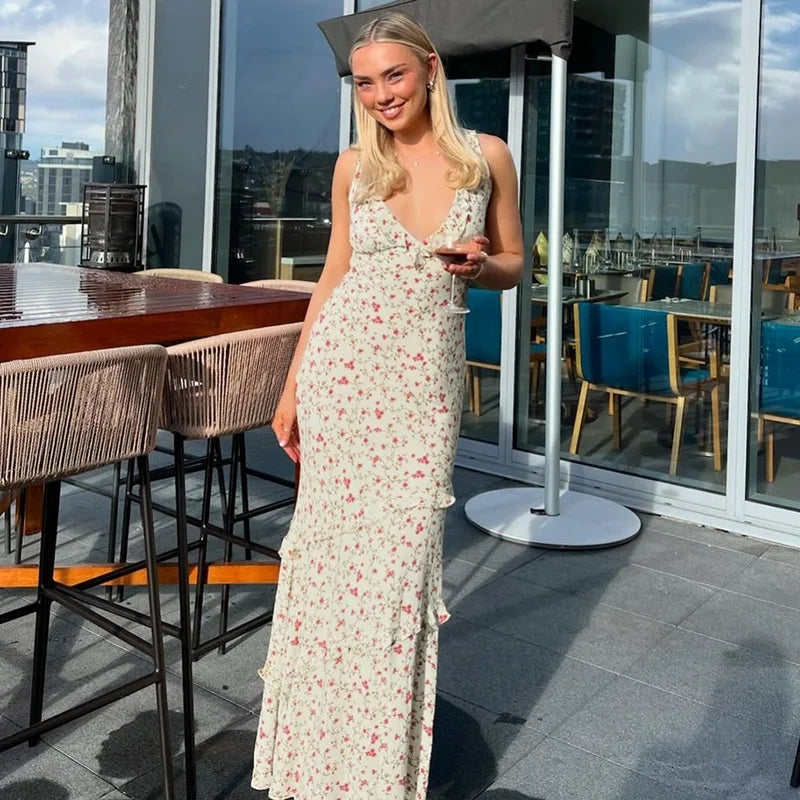 Women's Summer Floral Print Draped V Neck Maxi Ruffled Detail Sun Dress