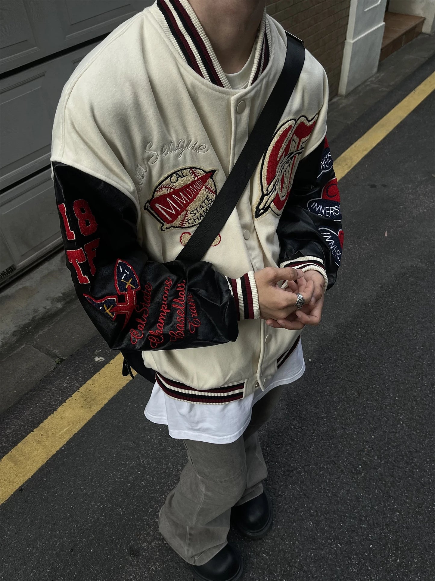 Men's Vintage Flocked Embroidery Patchwork Varsity PU Leather Sleeve Baseball Jacket