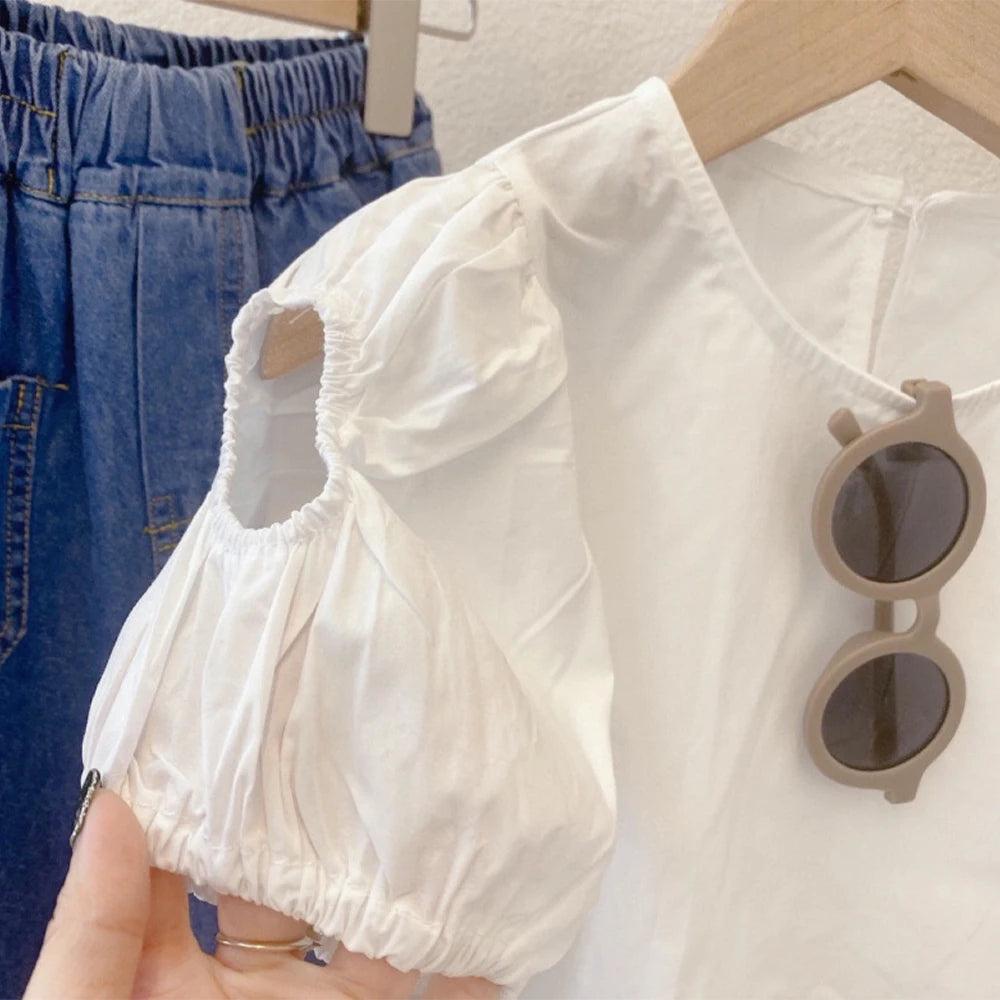 Girls' Set Summer Round Neck Short Sleeve Shirt with Denim Tank Top and Pants Three Piece  Set