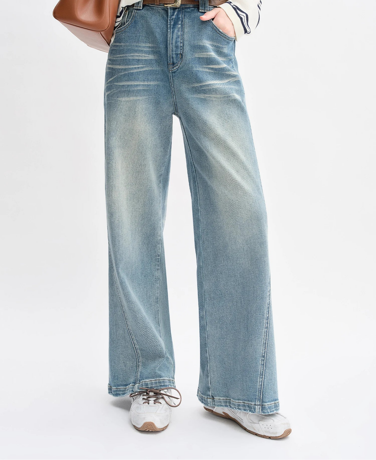 Plus Size Retro Washed Blue Straight Jeans - High Waist Wide Leg Design