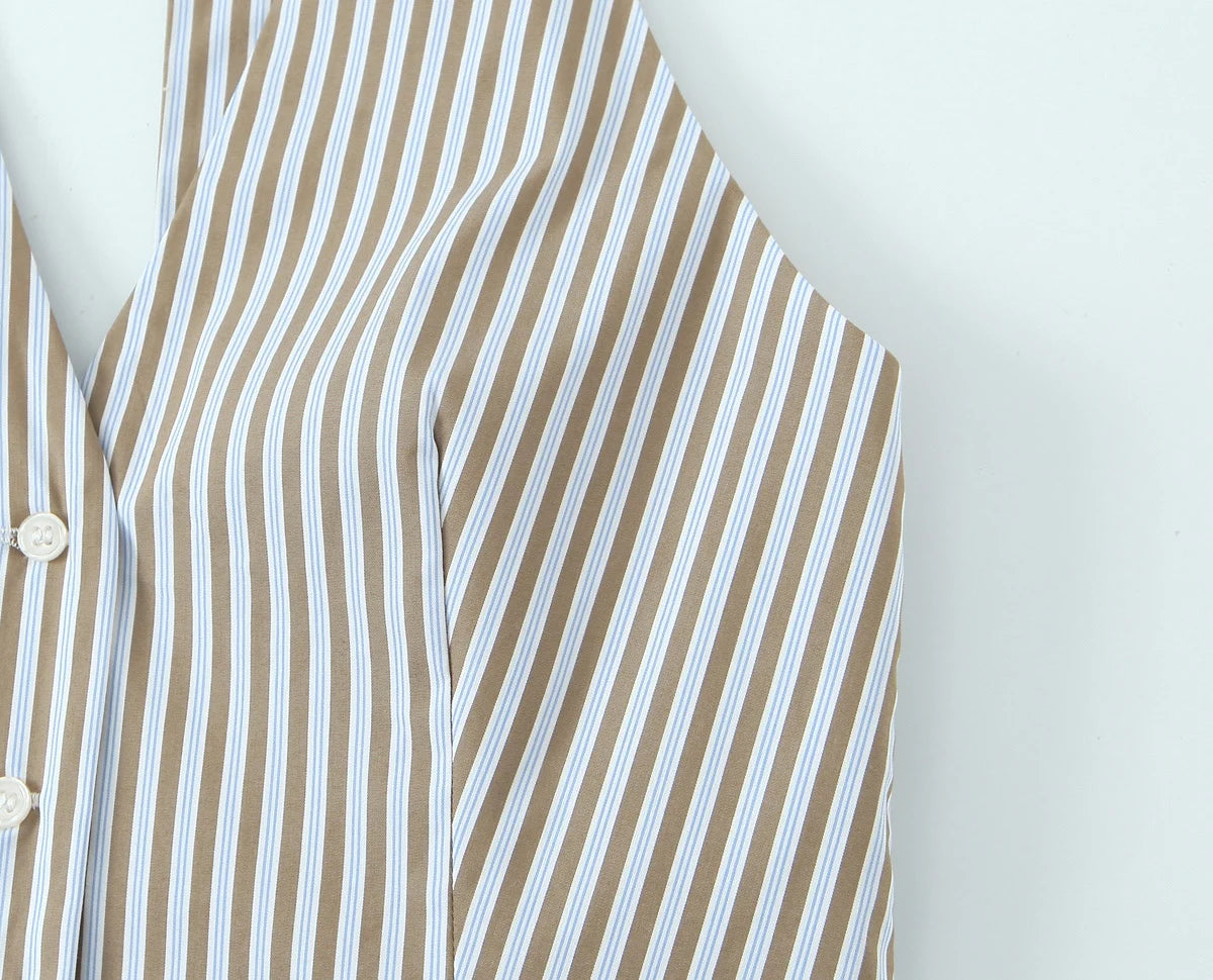 Women's Style Bow Embellished Thin Stripe Vest Top Lazy Style Loose Straight Leg Wide Leg Trousers