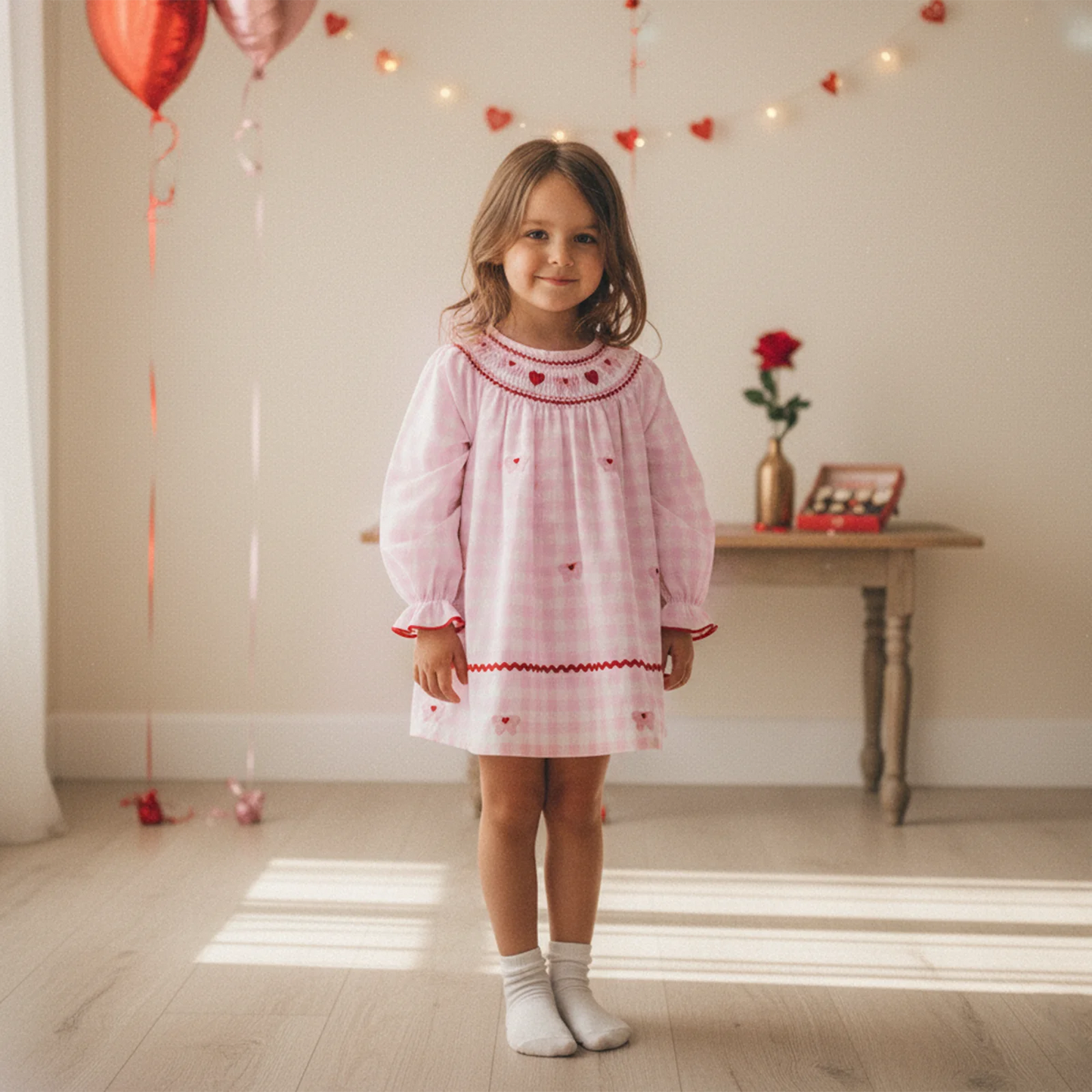 Girls Valentine Dress - Heart Bow Embroidery Plaid Print with Puff Sleeves
