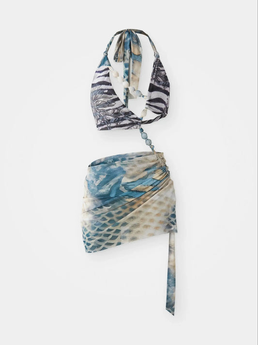 Women's Beaded Mini Dress with Cut-Out Details - V-Neck Party Dress with Side Slit