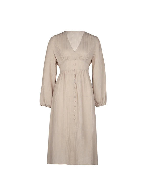 Women's Autumn Winter Long Sleeve Elegant V-neck Chiffon A-Line Knee Length High Waist Dress