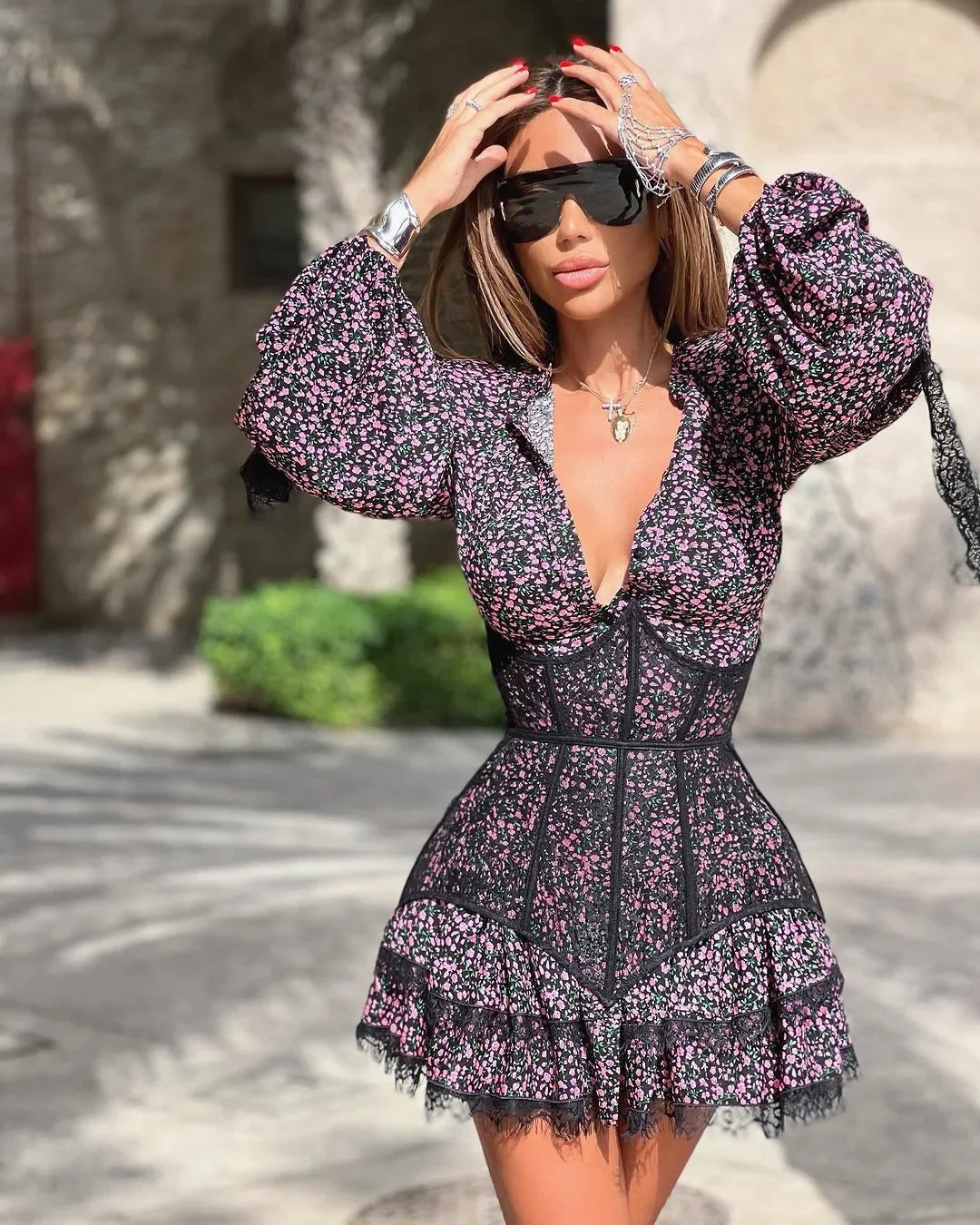 Women's V-Neck Printed Mini Lace Ruffled High Waist Long Sleeve Splice Contrast Slim Fit Bandage Dress