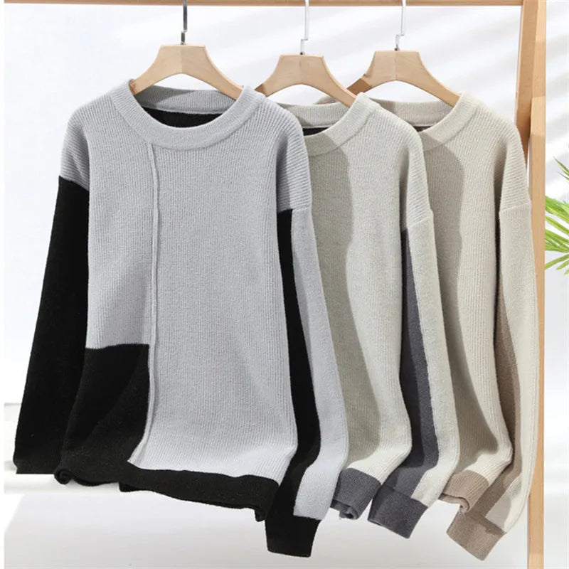 Men's Autumn Winter Casual O-Neck Patchwork Knitted Pullover Sweater