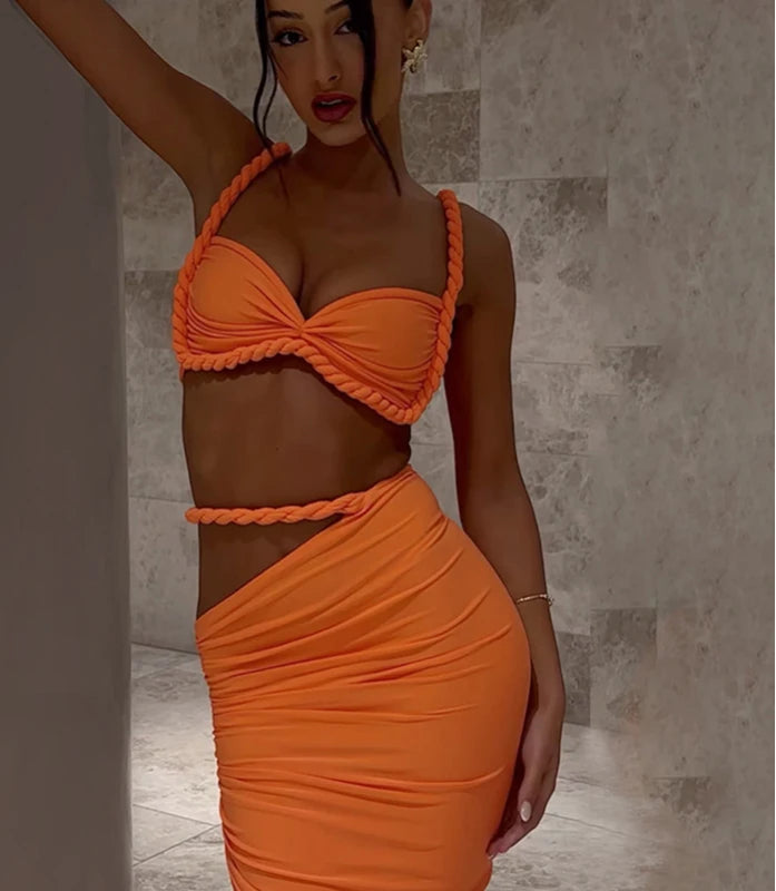 Women's Ruched Bandage 2 Piece Set Backless Decorative Cord Top and Skirt Dress Set