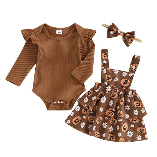 Baby Girl's Halloween Outfit Set - Ribbed Romper, Pumpkin Suspender Skirt & Bow Headband