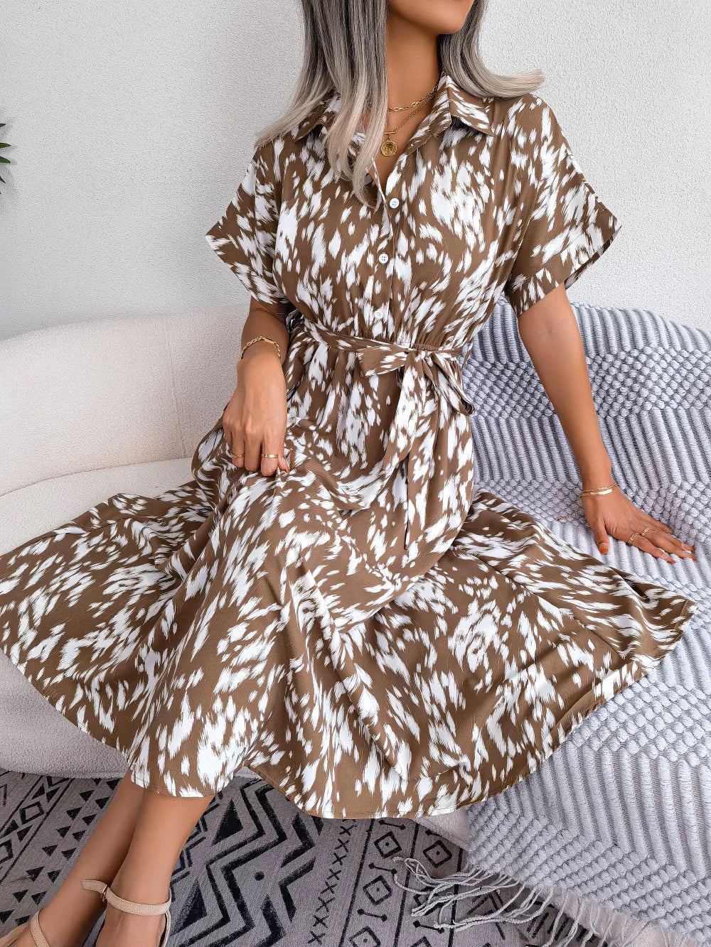 Women's Summer Casual Loose Leopard Lace Up Shirt Chic Dress