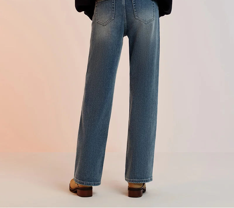 Women's Wide Leg Brushed Denim Jeans - Loose Fit Winter Warm Long Pants