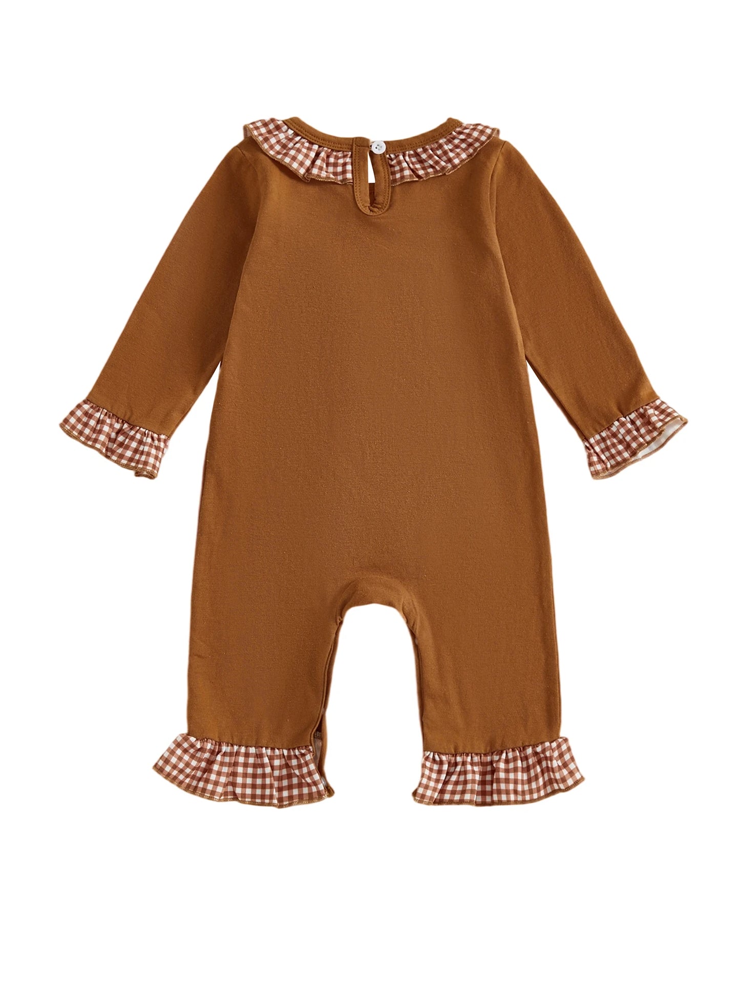 Baby Autumn Winter Romper - Plaid Print Football Embroidery Ruffled Jumpsuit (0-18M)