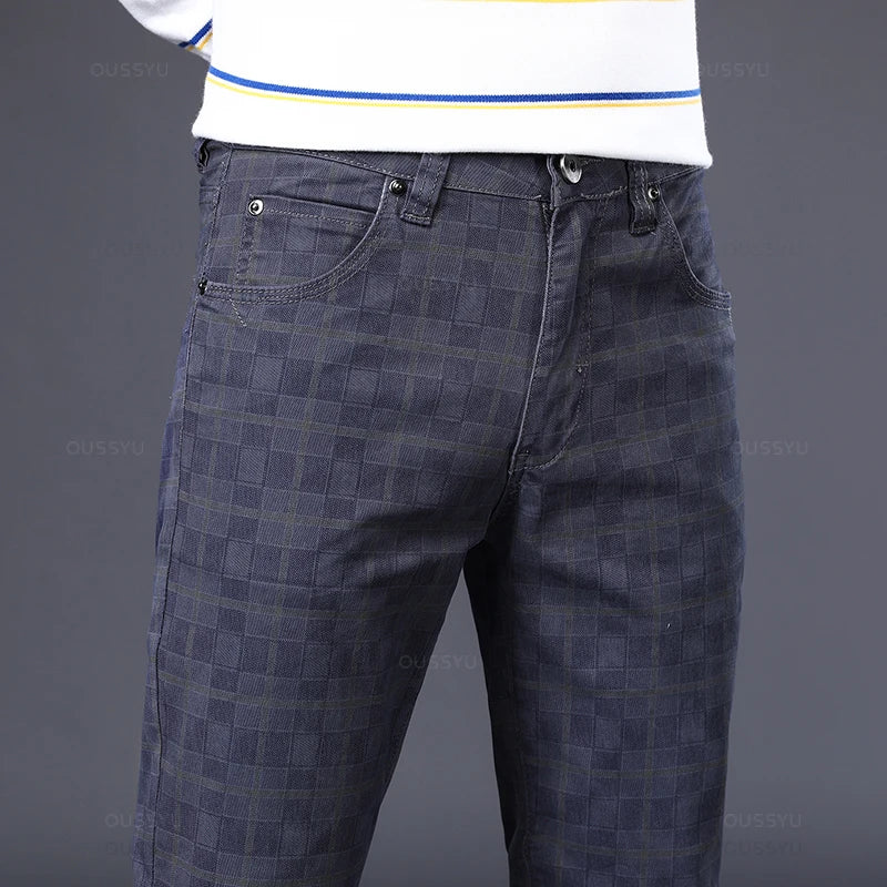 Men's Plaid 98% Cotton Stretch Straight Classic Trousers