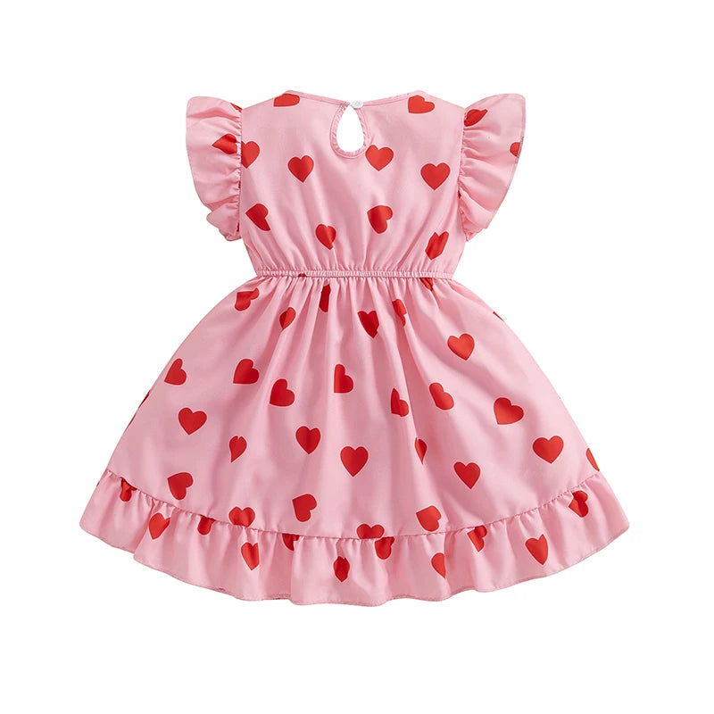 Girls' Valentine's Heart Print Dress - Flutter Sleeve V-Neck A-Line Dress