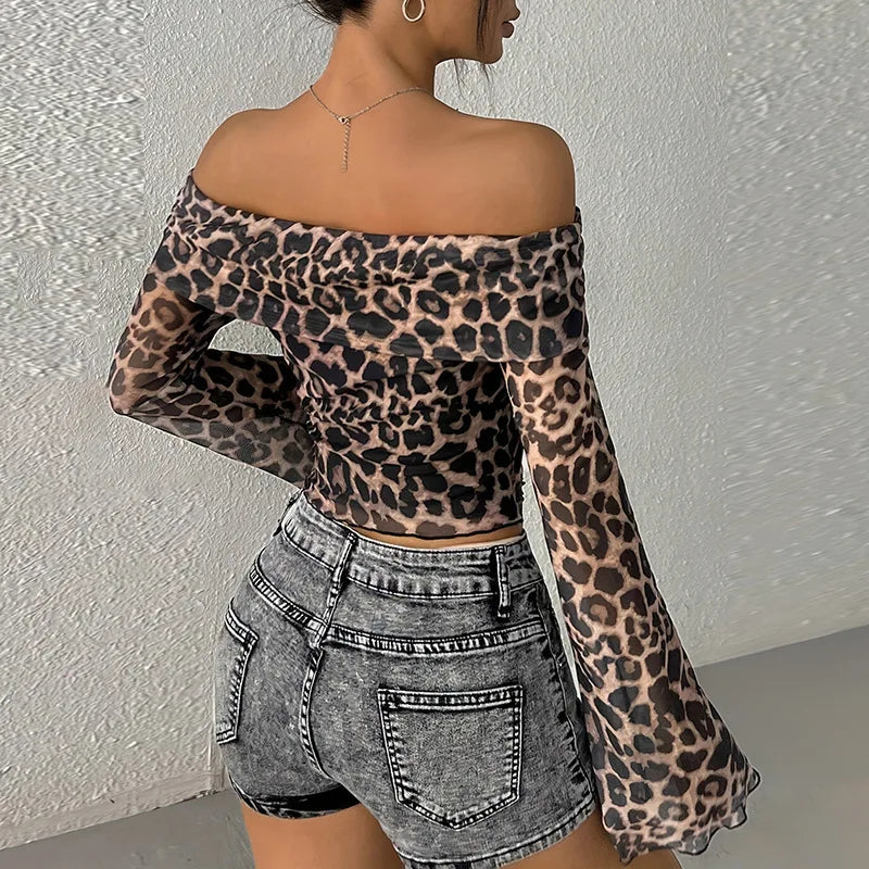 Women's Chic Off Shoulder Leopard Print Long Sleeve Mesh Sheer Slim Cropped Top Coquette