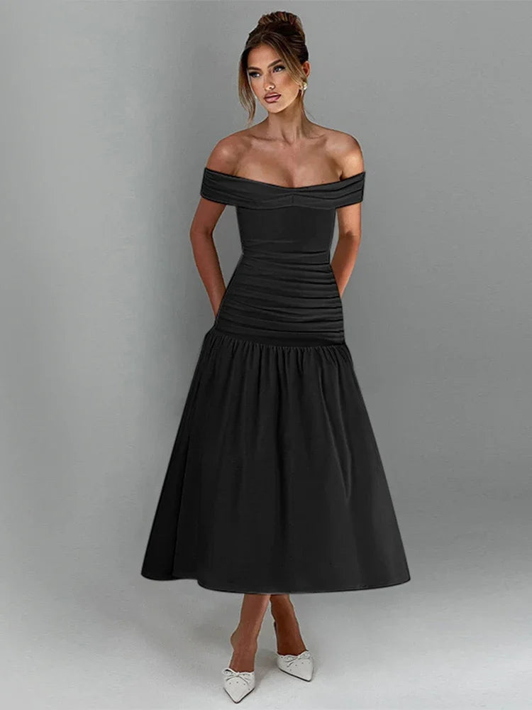 Women's Ruched One-Shoulder Party Long Sleeveless High Waist A-Line Dress