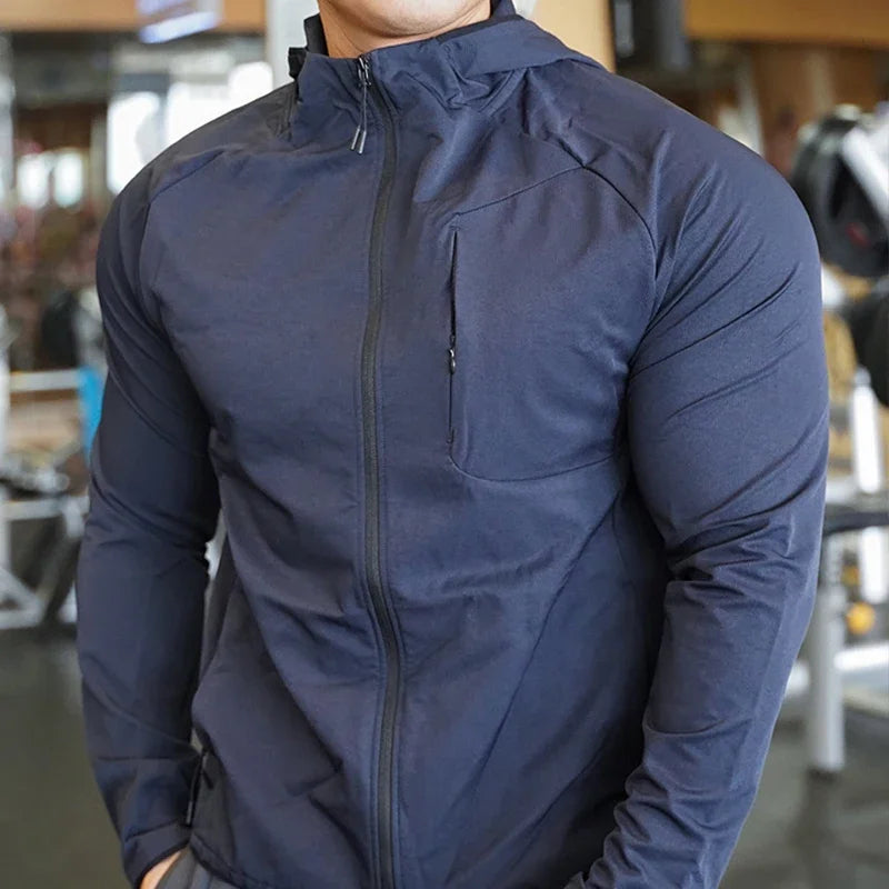 Men's Nylon Sport Coat Gym Fitness Hoodies Outdoor Workout Tops Hooded Training Running Zipped Jacket