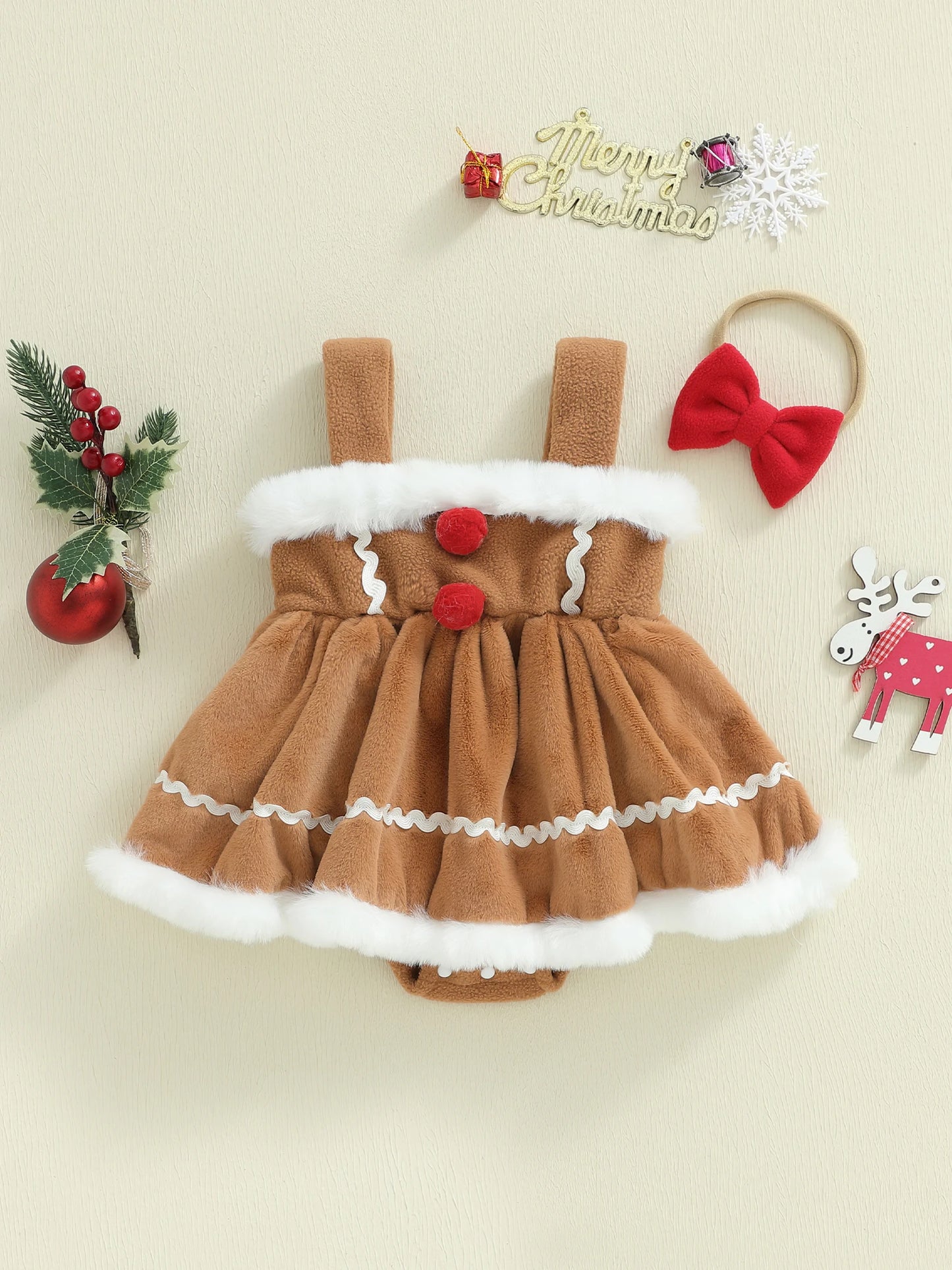 Baby Girls Princess Christmas Romper Dress with Bow Headband - Gingerbread Design