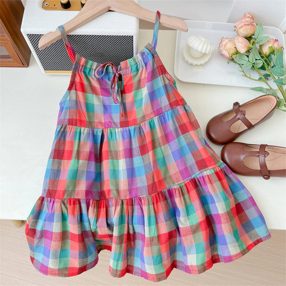 Girl's Summer Plaid Strap  Sleeveless Dress