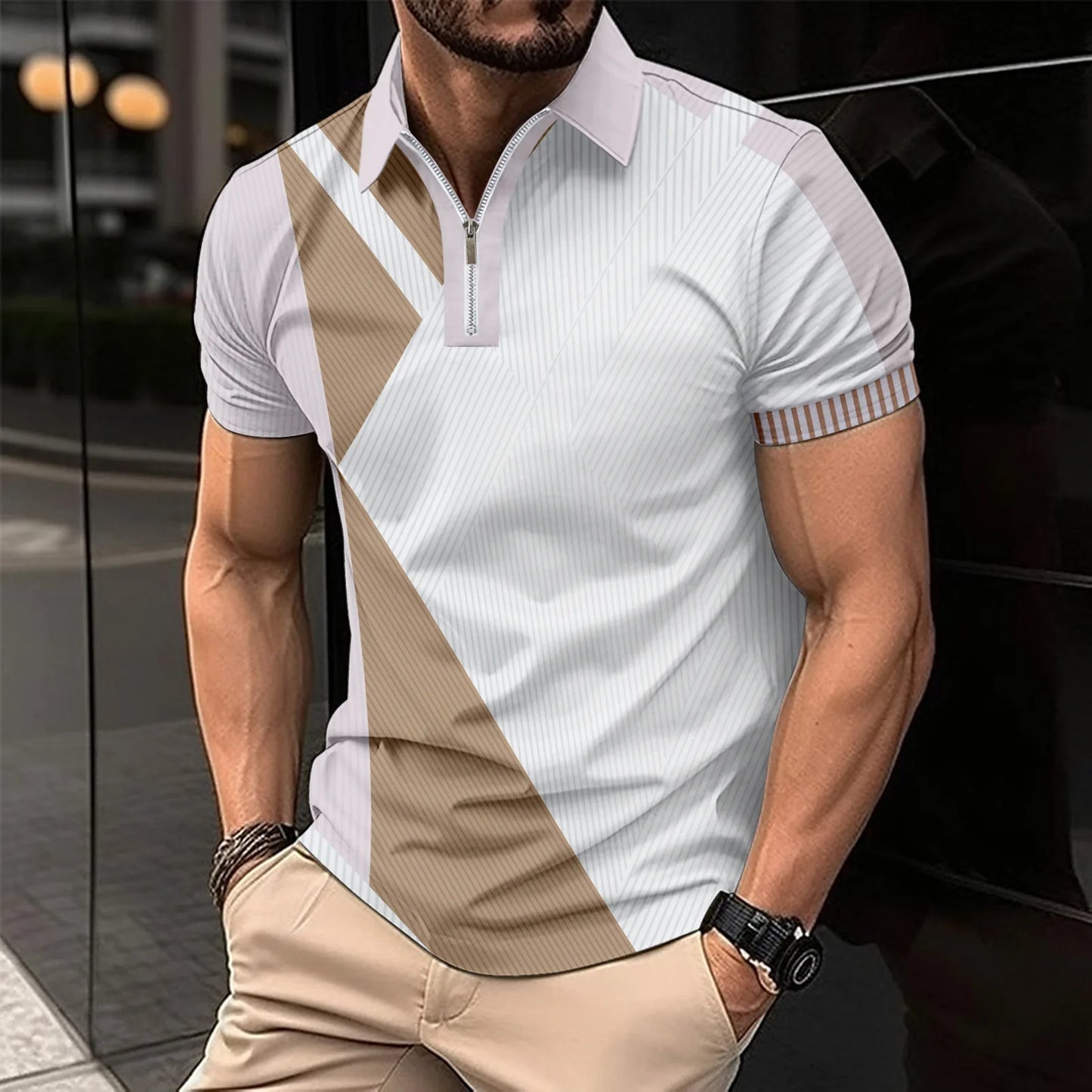 Men's Summer Print Patchwork Turn Down Collar Short Sleeve Sports Casual Polo Zipper Shirt