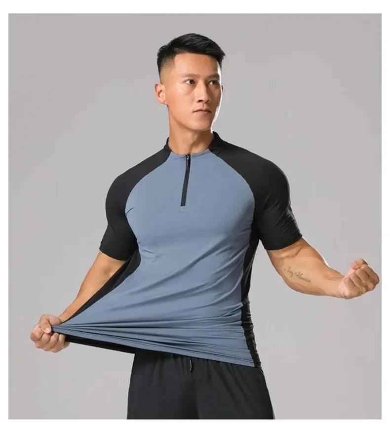 Men's Ice Silk Sweatshirt Elastic Wicking Breathable Tight High Quality Sport Short Sleeves T-shirt