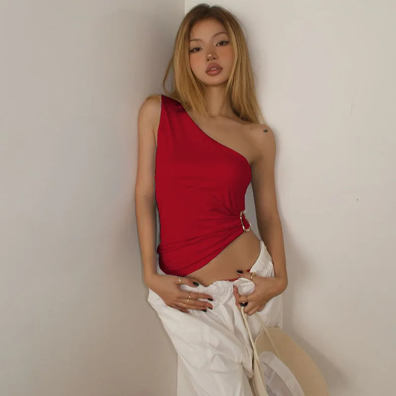 Women's Summer One Shoulder Backless Basic Asymmetrical Crop Top Tank Ruched Top