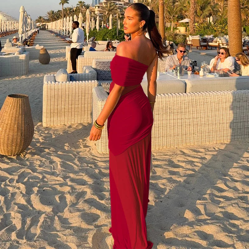 Women's Off Shoulder Ruched Mesh Maxi Dress - Backless Summer Club Dress