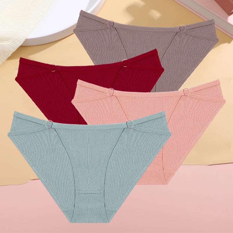 Women's 4Pcs/Set Cotton Double Belts Underwear Metal Ring Panties Low Waist Striped Briefs Breathable Lingerie