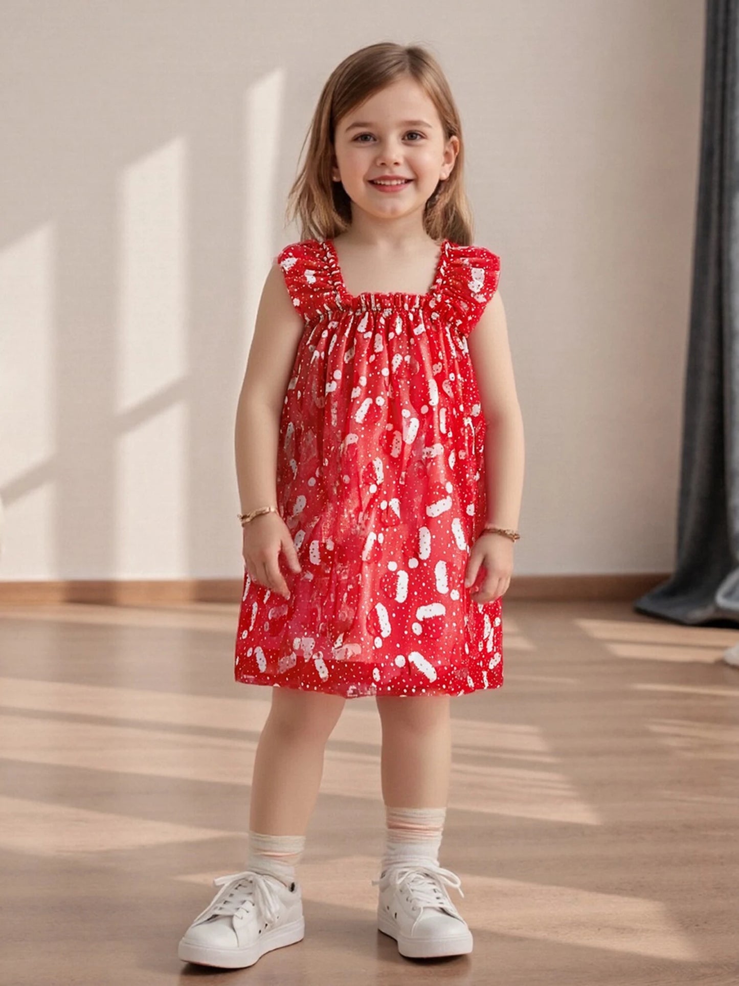 Toddler Girls' Christmas Tulle Dress - Santa Hat Print Sleeveless A-Line Party Dress