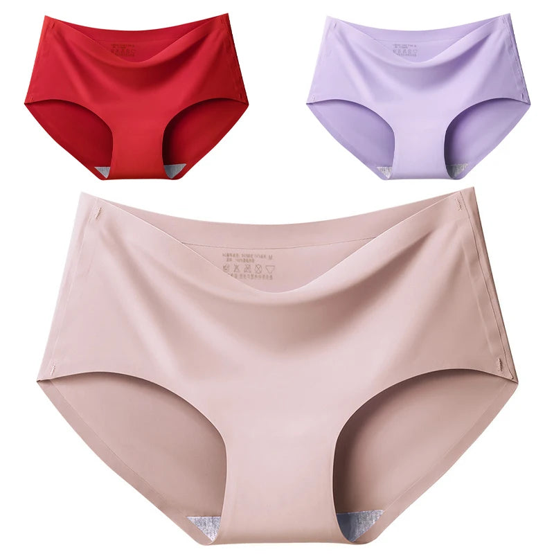 Women's 3Pcs Seamless Ice Silk Underwear Invisible Comfort Briefs Mid-waist Panties Breathable Lingerie