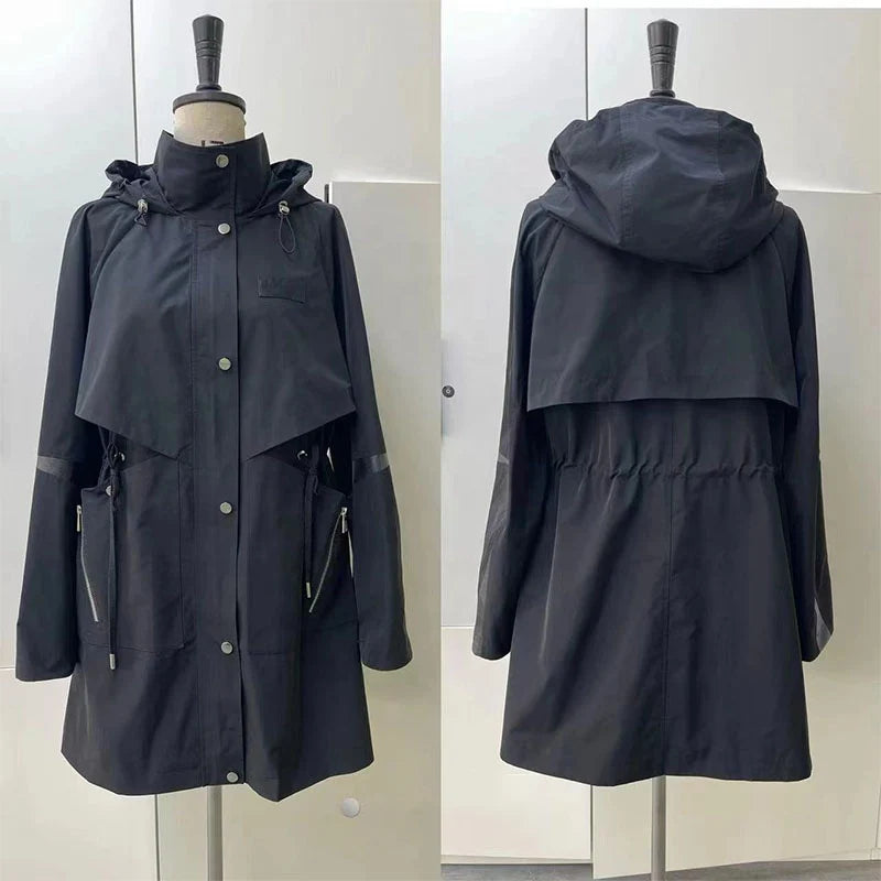 Hooded Trench Coat with Drawstring Waist