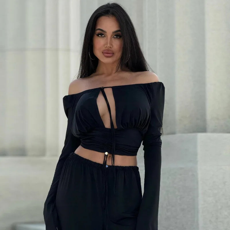 Women's Off Shoulder Tie Front Cropped Top with Cut Out Detail