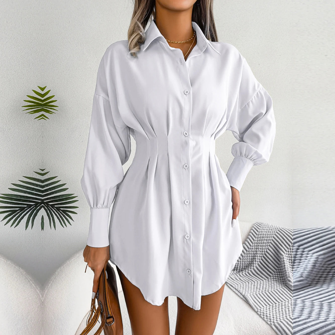 Women's Autumn Winter Casual Lantern Sleeve High Waist Asymmetric Dress Shirt Dress