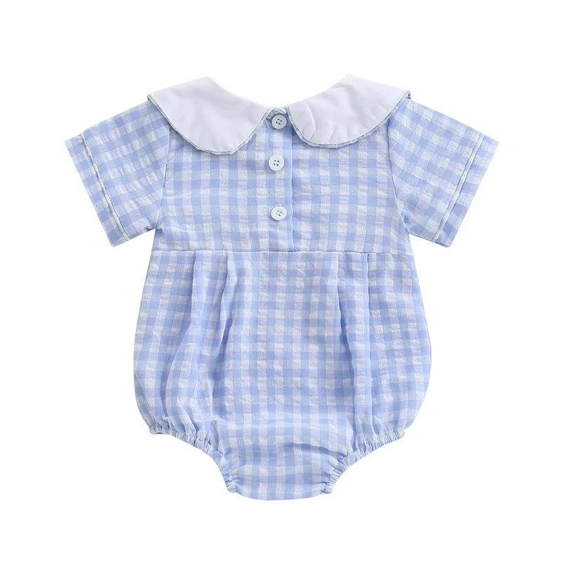 Lovely Baby Summer Romper - Plaid Print Western Embroidery Doll Collar Jumpsuit (0-18M)