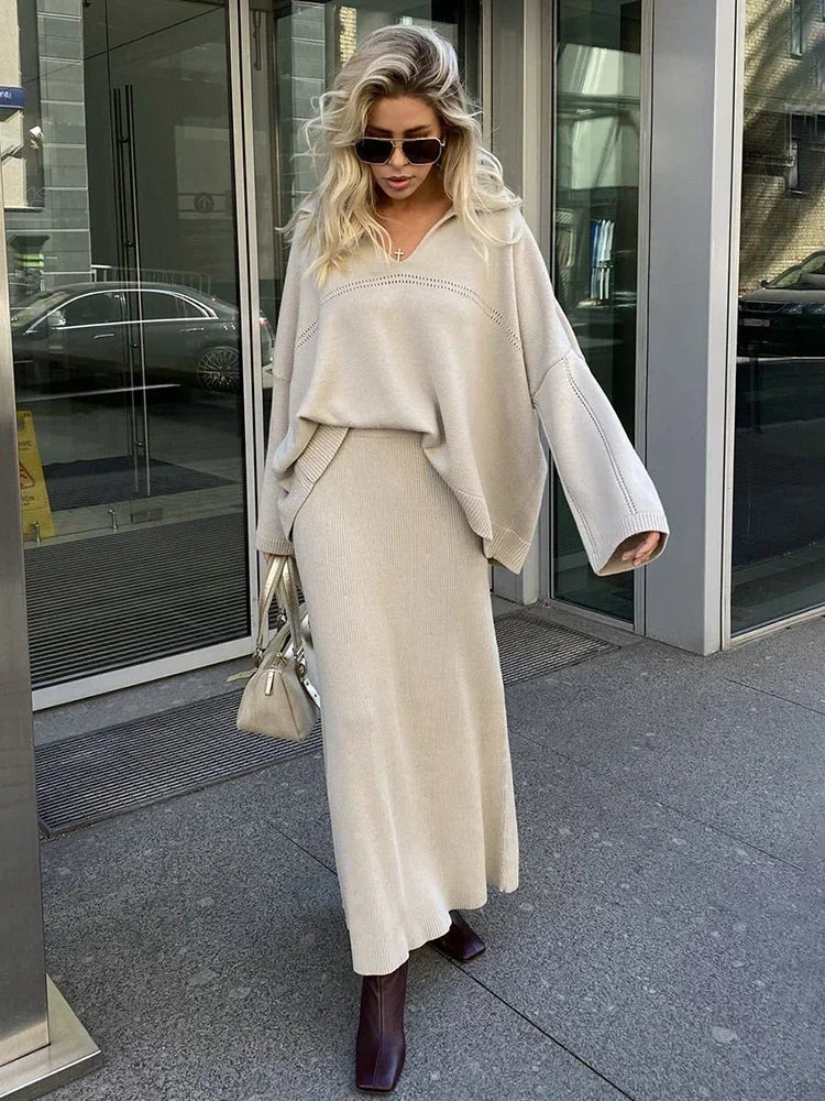 Women's Loose Sweater V-Neck Knit Pullover Top and Long High Waist Skirt 2 Piece Set