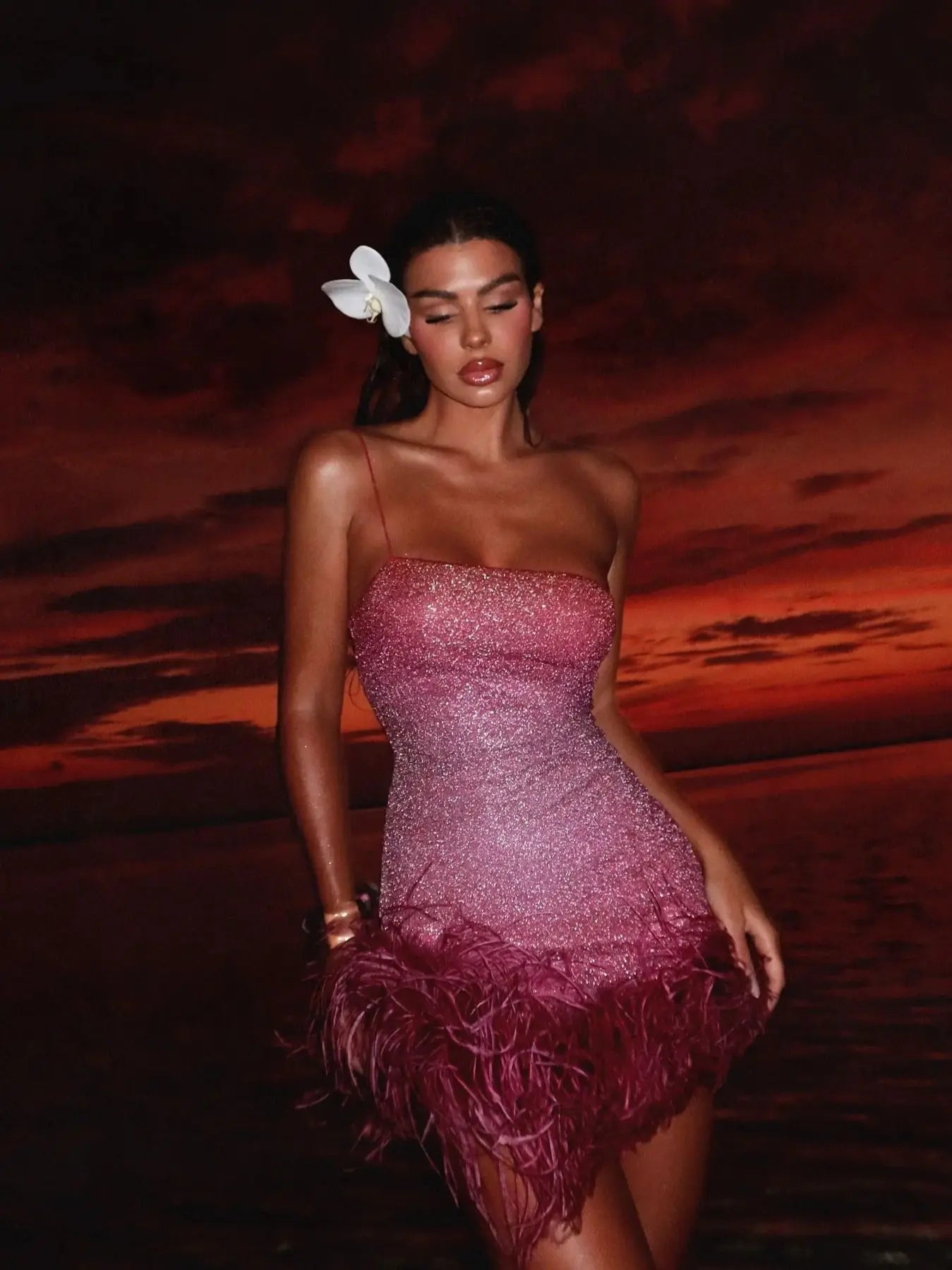 Sparkly Feather Mini Dress - Sleeveless Party Dress