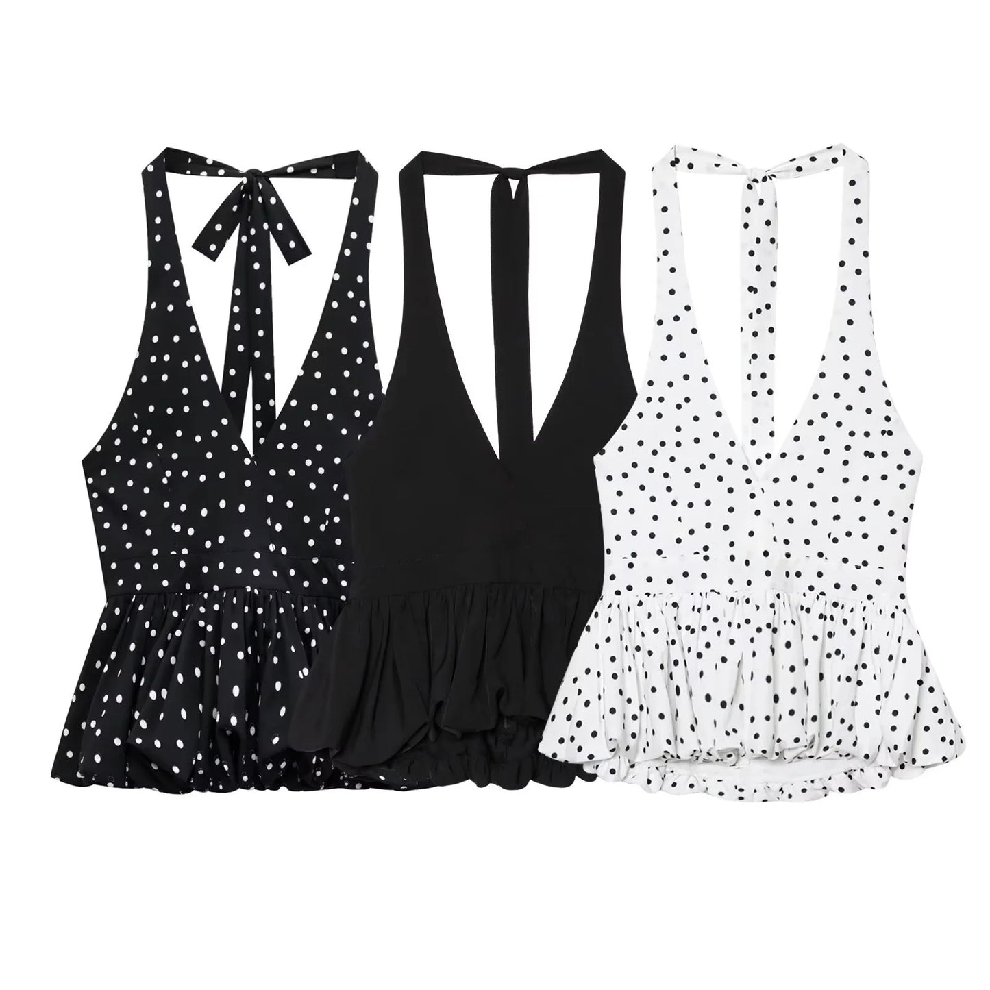 Women's Neck Hanging Design Sleeveless Spring And Summer Short Polka Dot Back Skirt Camisole Vest Top