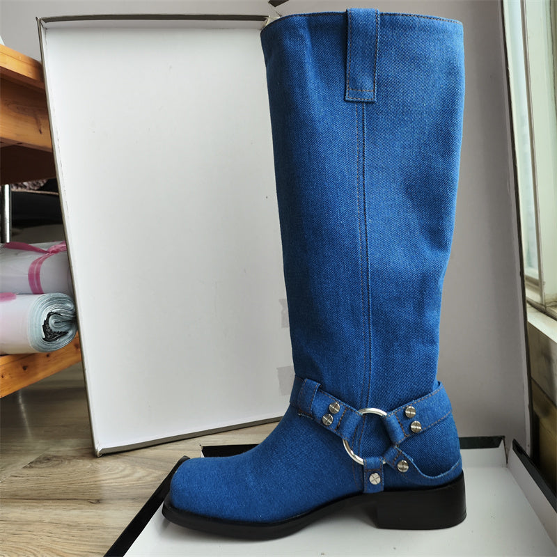 Women's Blue Cowboy Metal Ring Motorcycle Boots Belt Buckle Design 3.5cm Thick Heel Knight Boots Women's Square Head Fashion Boots 34-44