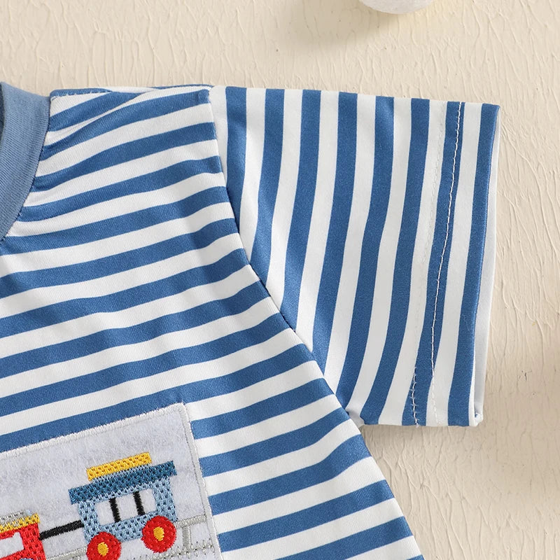 Summer Baby Boys Car Embroidery Outfit Set - Stripe Print T-Shirt & Elastic Waist Shorts (2-Piece)