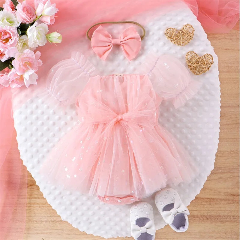 0-24M Princess Baby Girls Summer Romper Dress Short Sleeve Star Print Bowknot Tulle Patchwork Jumpsuits with Headband