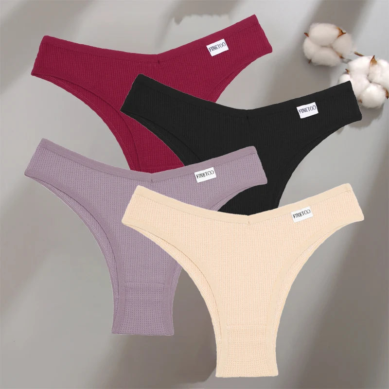 Women's 4Pcs Cotton Breathable Underwear Panties Low-Waist Waffle G-string Stretch Briefs Soft Lingerie