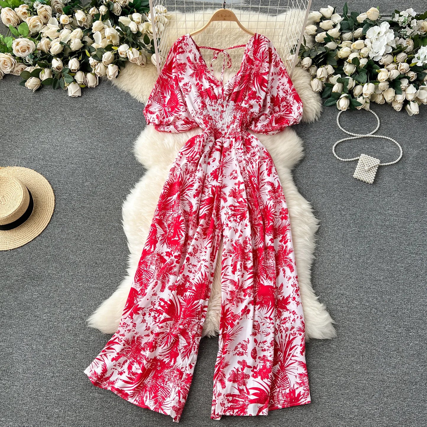 Women's V-Neck Floral Print Jumpsuit - Dolman Sleeves Wide Leg Trousers