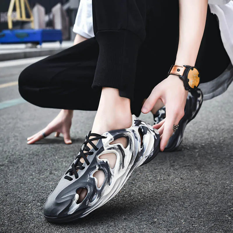 Men's Slippers Camouflage Design Platform Sandals Lace Up Beach Slippers Casual Outdoor Crocs Clogs