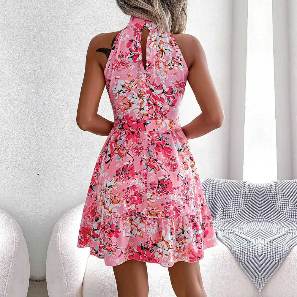Women's Floral Halter Neck Sleeveless Lace Up Ruffled A Line Spring Summer Short Dress