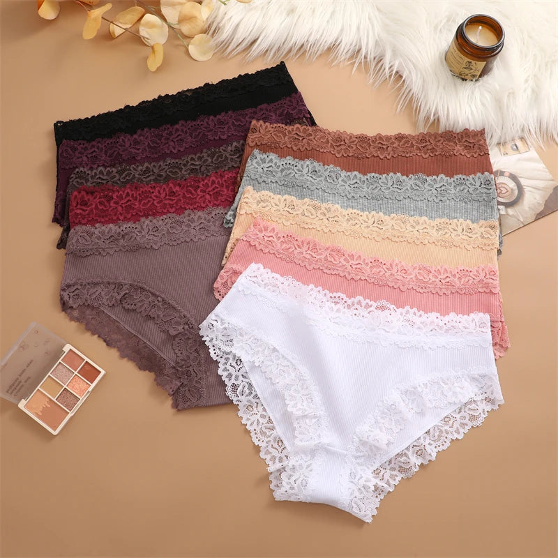 Women's Cotton Ribbed Underwear Set - 4 Pack Lace Floral Low-Waist Briefs
