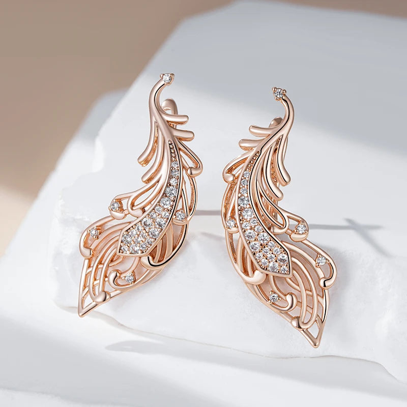 Women's Shiny Natural Zircon 585 Rose Gold Colour Long Crystal Flower Earrings