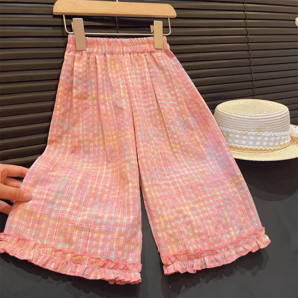 Girls' Pink Summer Outfit Set - Lace Plaid Tank Top with Wide Leg Pants